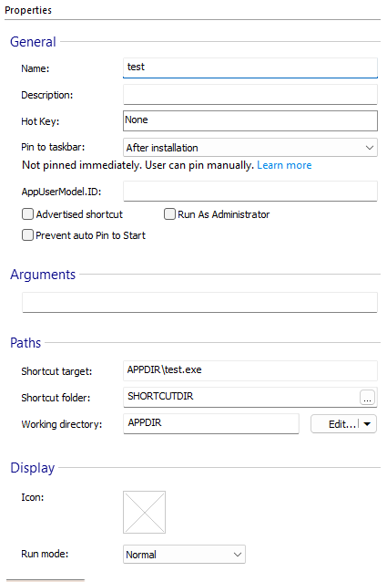 Shortcut Properties Dialog