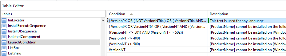 LaunchCondition Table modification