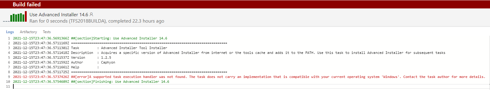 Screenshot from TFS build failure