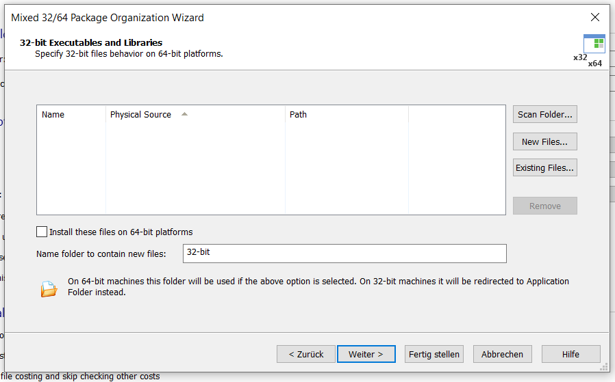 Back when I built for only 32 bit, the shortcut appeared in &quot;32-bit executables and libraries&quot; in the package organization wizard.
