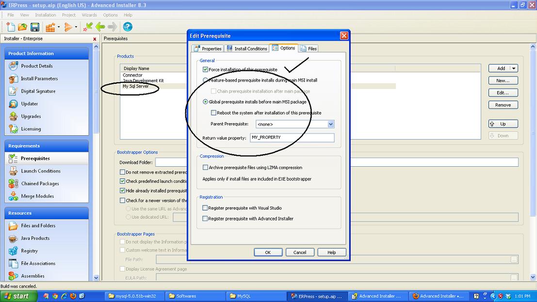 Prerequisite Option page