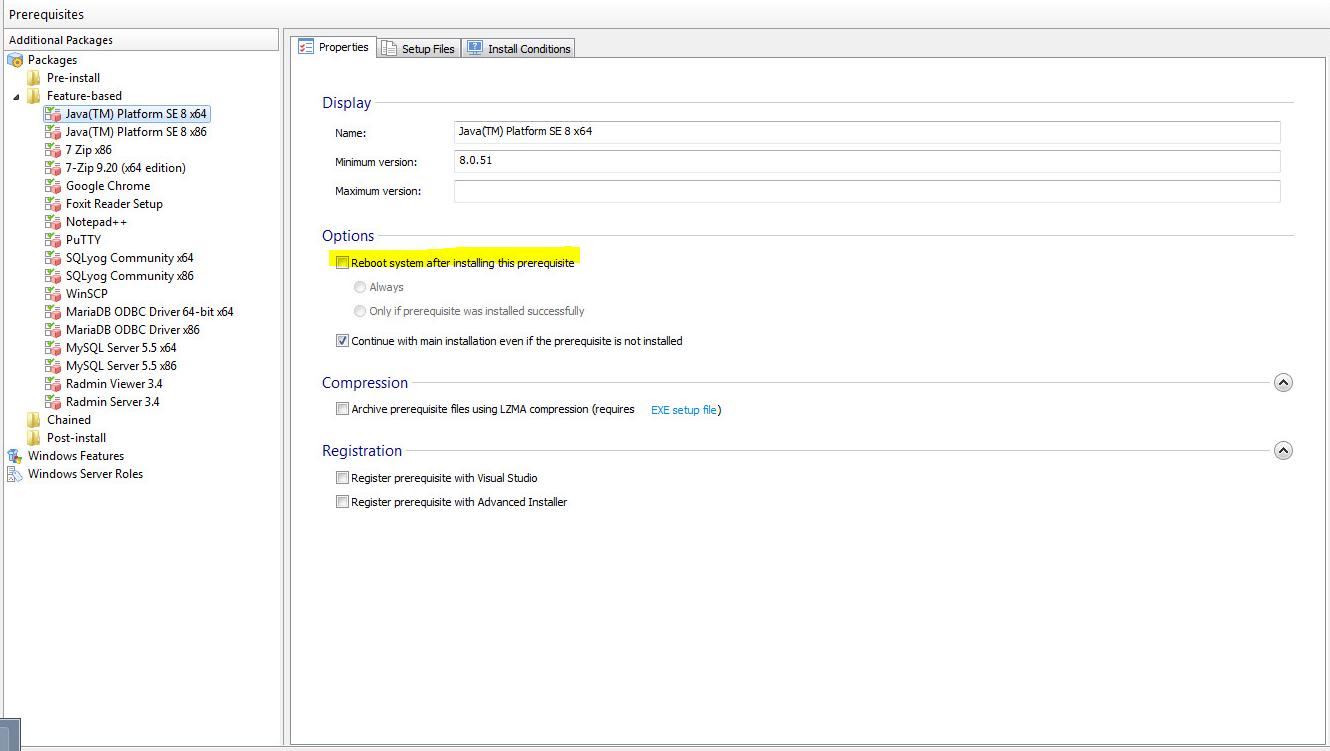 All prerequisites witout &quot;Reboot system after installing the prerequisite&quot;