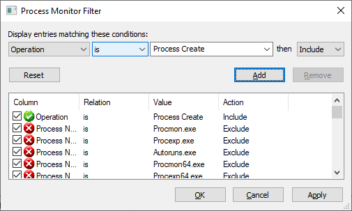 Process Monitor Filter Configuration